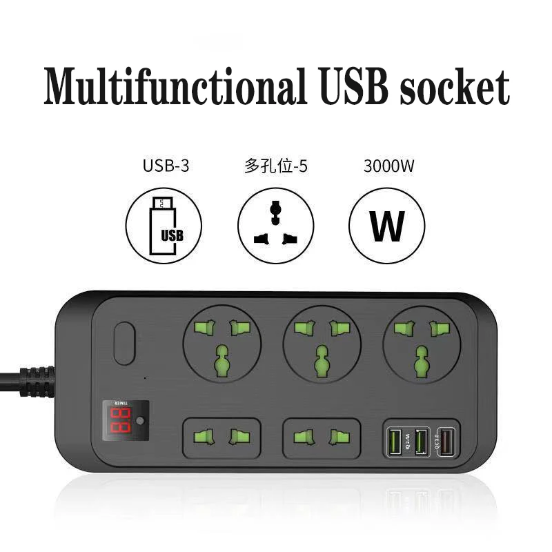 

Multi Power Strip Plug with 5 AC Outlets & QC 3.0 3 USB Fast Charging Ports Socket Adapter US UK EU AU Timer Power Socket