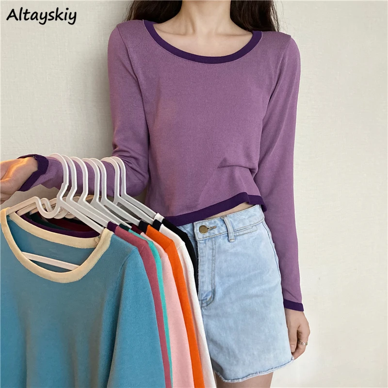 

Candy Colors Long Sleeve T-shirts Women Panelled O-neck Basic Crop Tops All-match Korean Style Fashion Tshirts Daily Slim Mujer