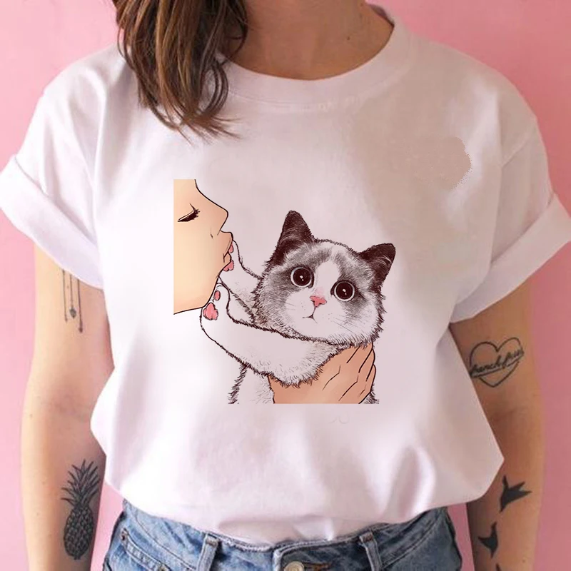 

Harajuku Kiss Cats Women tshirts Aesthetic shirt Ullzang Vintage 90s tshirt New Fashion Top Tees Female Tumblr Clothing