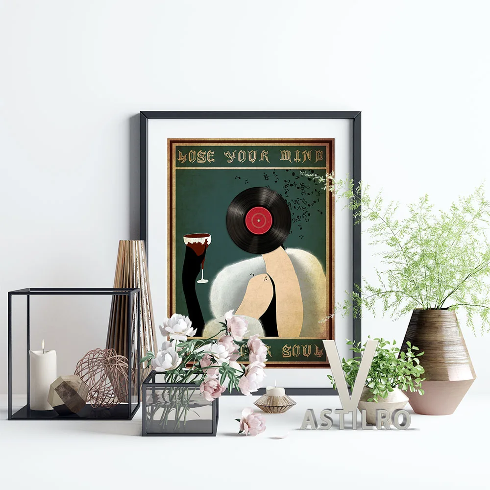 

Love Music Girl Drink Wine Vintage Art Prints Poster Vinyl Record Collage Wall Stickers Bar Pub Club Canvas Painting Home Decor
