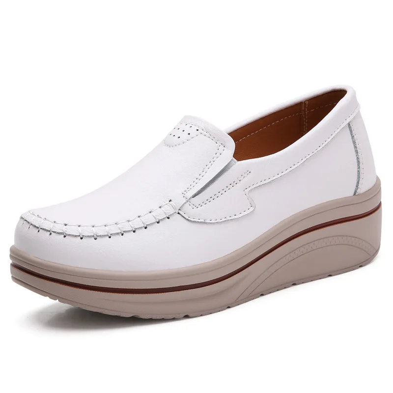

2021 New Sneakers Women Genuine Cow Leather Flats Slip On Loafers Swing Shoes Shallow Ladies Casual Footwear Height Increasing
