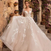 temperament personalized v neck lace applique long sleeved wedding dress tulle ball gown back buckle mopping the floor