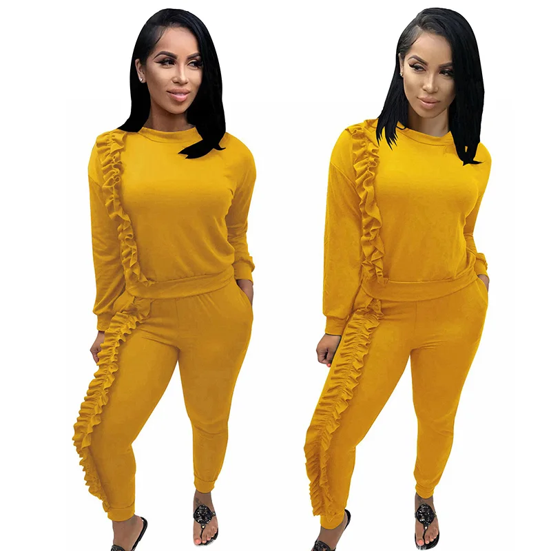 Echoine 2019 New Autumn Ruffle Casual Two Pieces Set Sportwear Suit O-Neck Long Sleeve Womens Tracksuit Solid 3 Color |