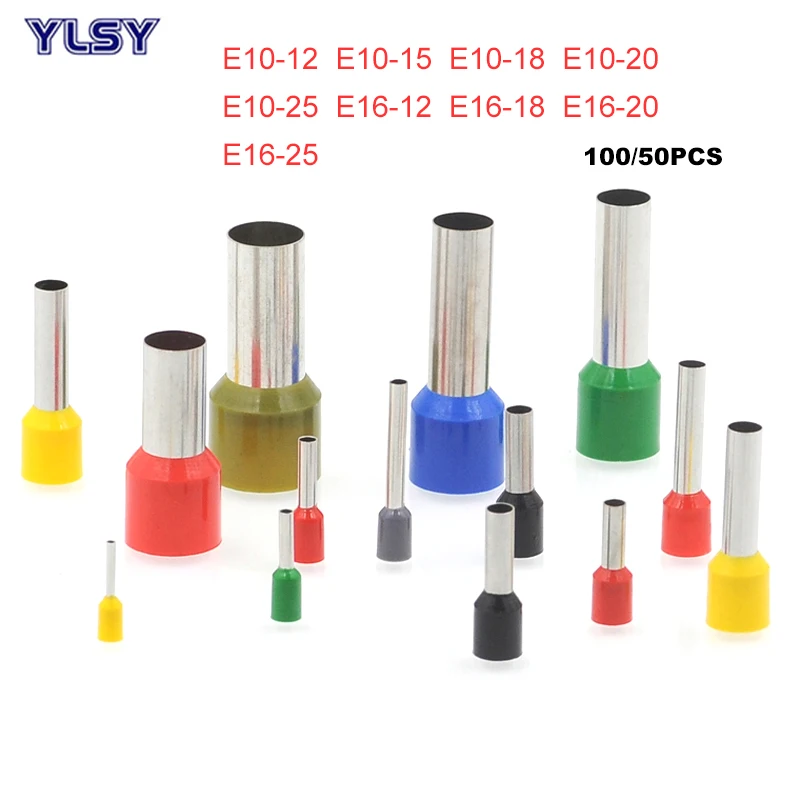 100/50Pcs Tube Insulated Cord End Crimp Terminals Electrical Wire Connector E10-12~E16-25 Cable Brass Ferrules 8-2AWG 10-16mm2