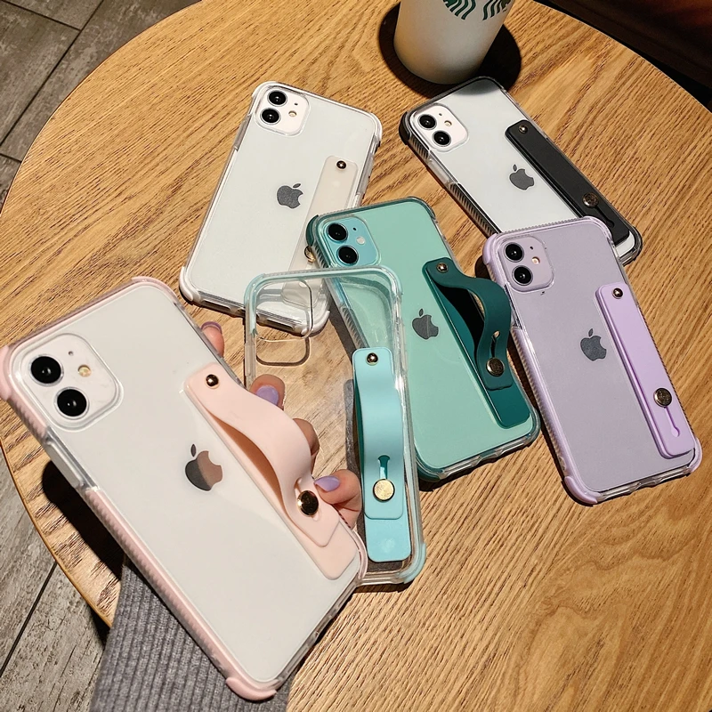 

Soft Transparent Wrist Strap Phone Case For iPhone 11 12 mini Pro Max X XR Xs Max 7 8 Plus SE 2020 Kickstand Cases Cover