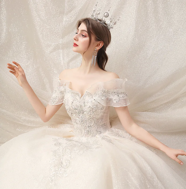 

Свадебное платье с открытыми плечами, классическое свадебное платье с вырезом лодочкой, роскошное кружевное платье с бусинами, свадебное платье