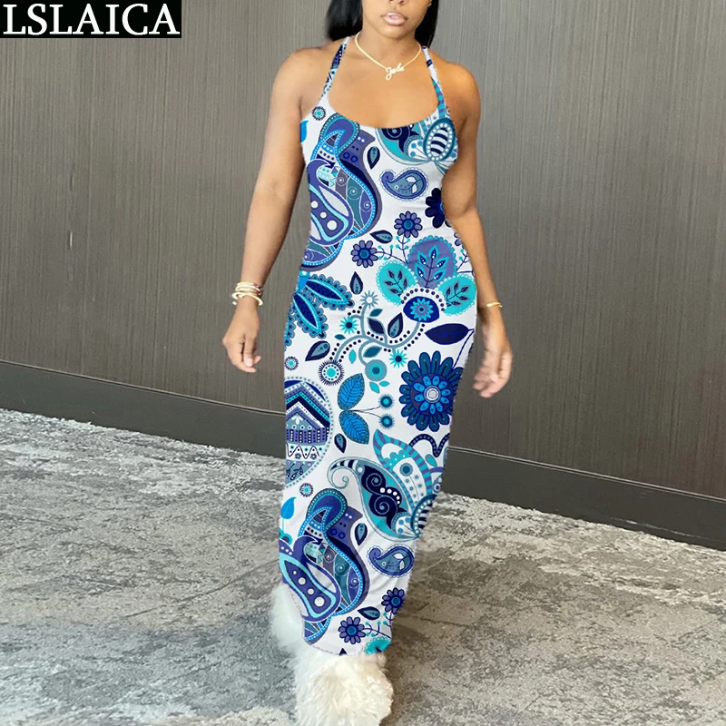 

Multi-element Dress Print Casual Floor-Length Skinny Tie Dye Dress for Women Fashion Slim Off Shoulder Sexy Clubwear Robe Longue