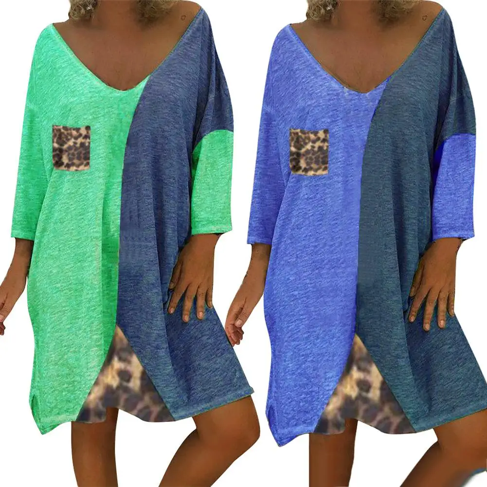 

Женское платье с леопардовым принтом, в стиле пэчворк, с V-образным вырезом, длинным рукавом, карманами, свободный Сарафан