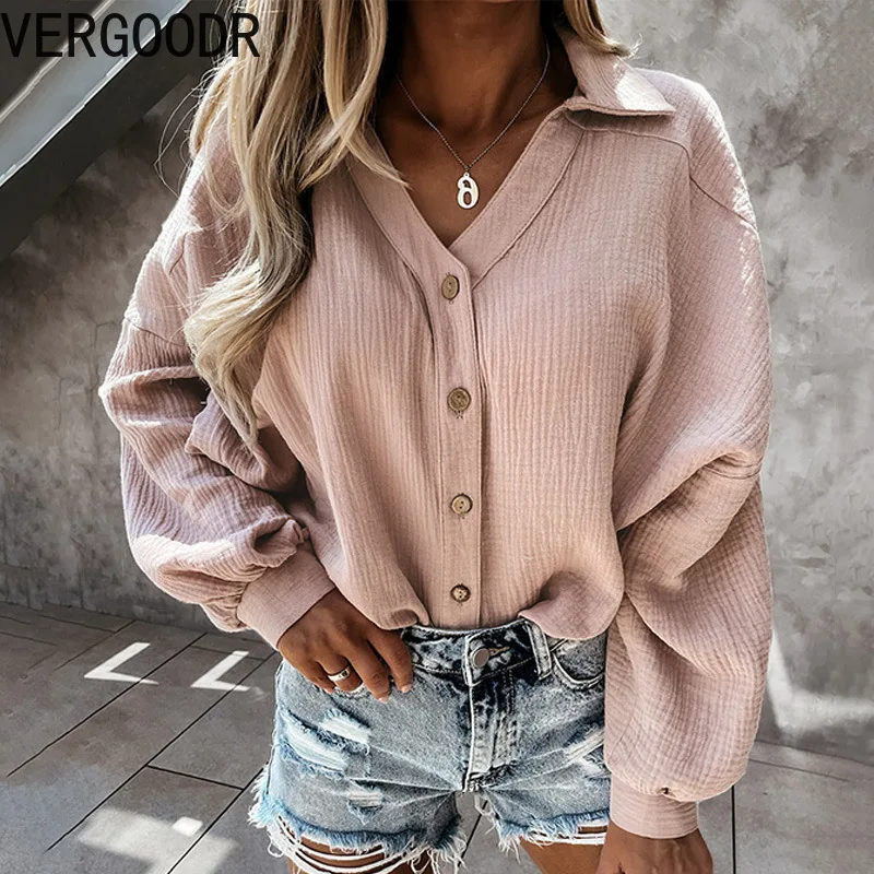 

Vergoodr Casual Loose Womens Tops Sexy V-neck Single-breasted Lantern Sleeve Solid Color Shirt Women Long Sleeve Shirt Plus Size