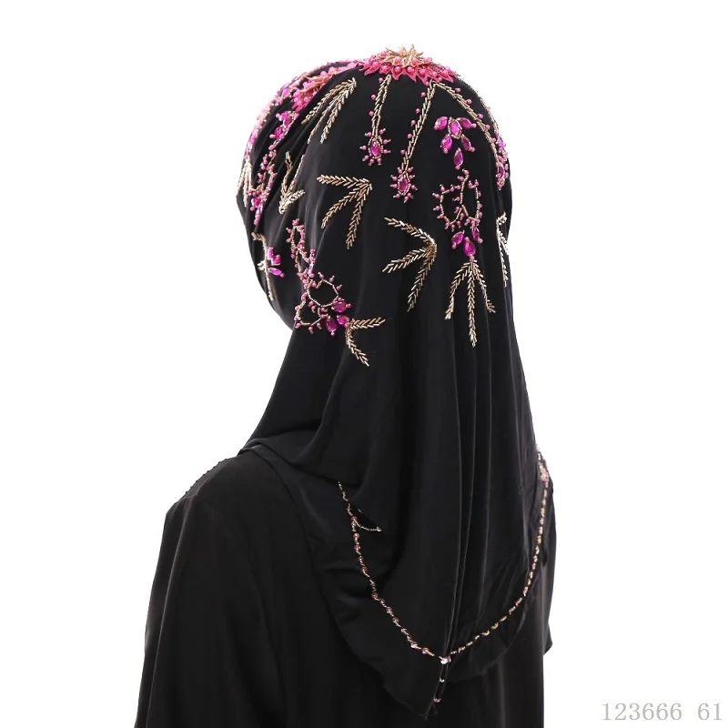 

Malaysian Black 1piece Hijab Beaded Embroidered Floral Caps Women Muslim Turban Ice Silk Thin Instant Epingle Hijab dropshipping