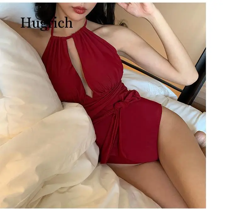 

Korean Ins Style Sexy Neck Retro Red Slim Swimming Women's Hot Sell Spring Rope Binding Beach Wear
