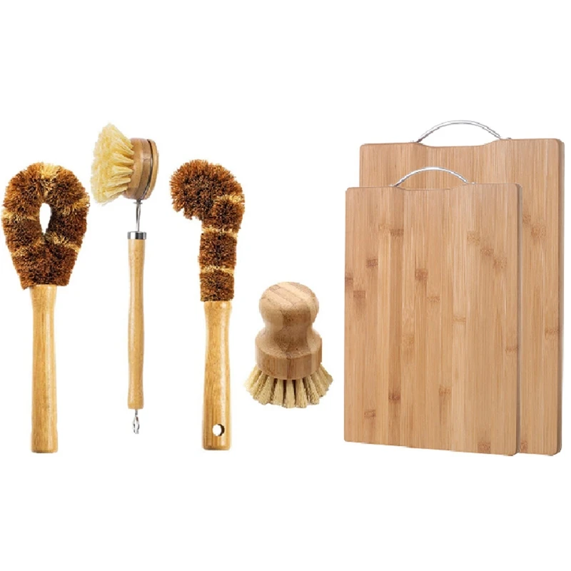 

4 Pcs Kitchen Cleaning Brush With Bamboo Handle & 2 Pcs Natural Bamboo Cutting Board With Handle