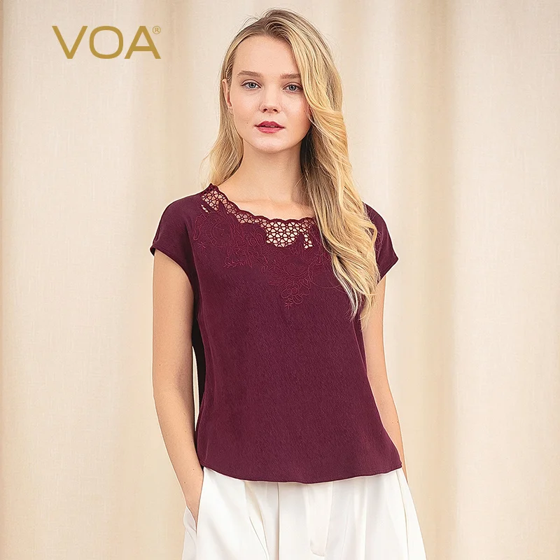 

VOA Green Shoulder Short Sleeve Hollowed Round Neck Embroidered Silk Micro-elastic T-shirt BJ931 Harajuku T Shirt Women Tshirt