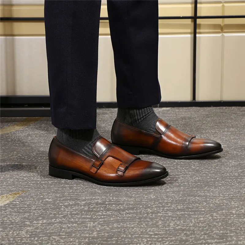 Handmade Men's Dress Shoes Mens Leather Casual Double Buckles Monk Strap Loafer Slip-On Men for Formal Wedding Party | Обувь