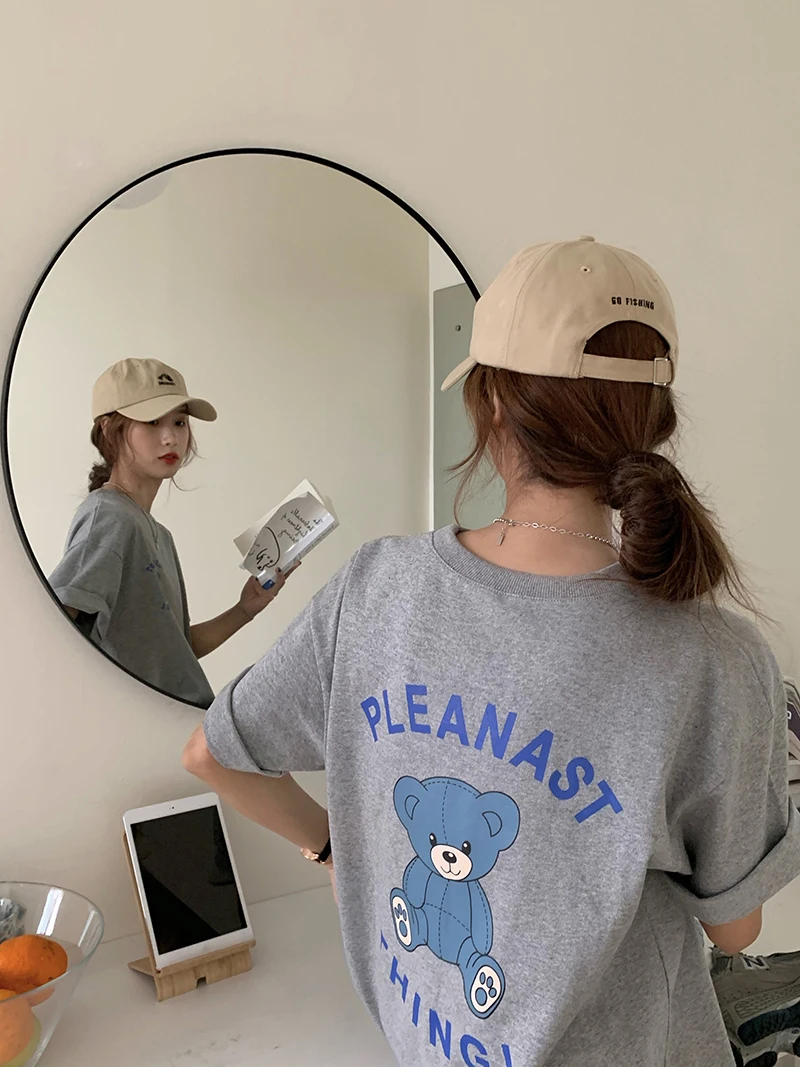 

YTX279 Loose ins tide net red mid-length design niche bear short-sleeved T-shirt women