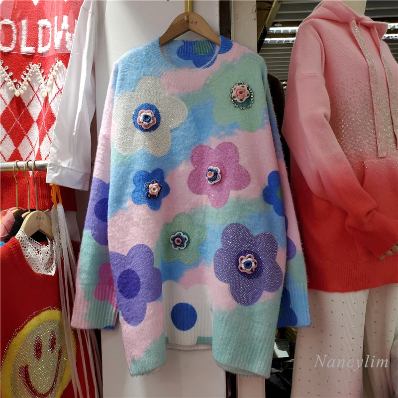 

Women's Loose Pullovers Exquisite Rhinestone Three-Dimensional Flower Sweater New Clothes All-Matching Round Neck Sweaters 2022