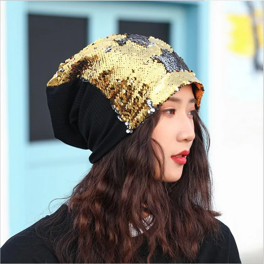 

Women Festival Baggy Slouchy Beanie Spring Summer Chemo Bandana Hat Fashion Glitter Sequin Skully Bonnet Turbans Headwear