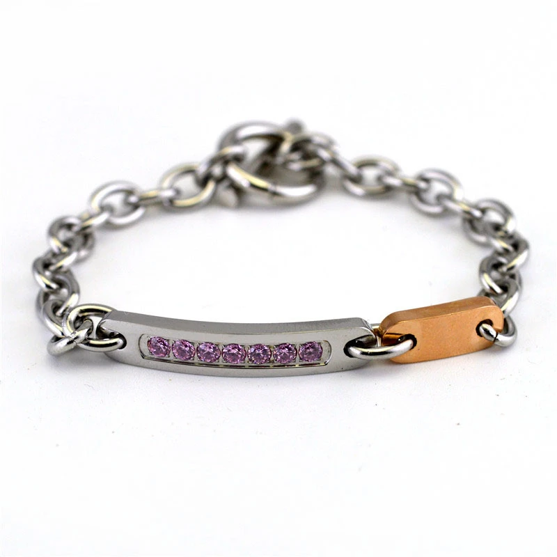 

European Style Pink Color Cubic Zirconia Chain Bracelets for Women Luxury Jewelry Designers 8mm Stainless Steel Couple Wristband
