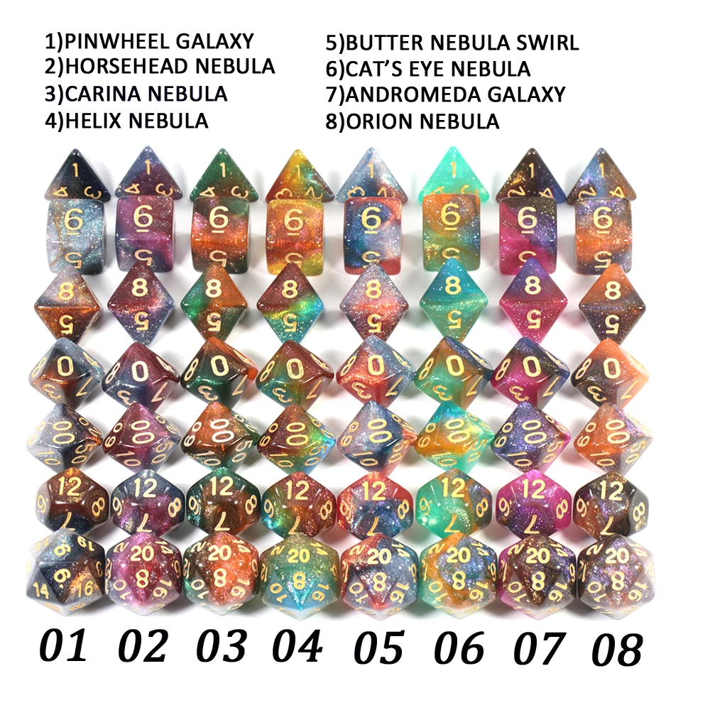 Красивые игральные кости 7 штук с сумкой из искусственной кожи Блестящий яркий