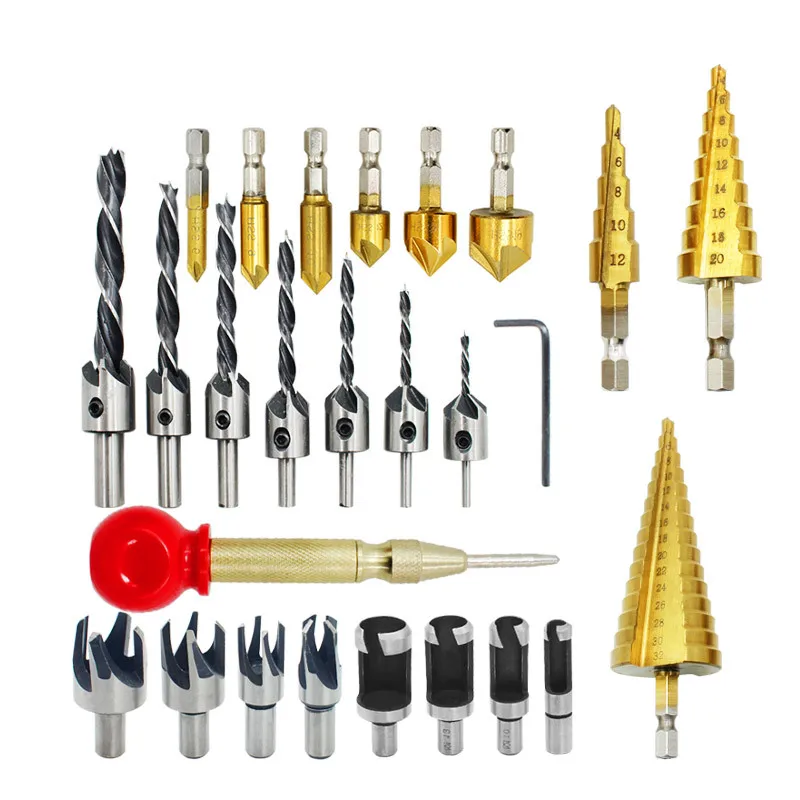 

26PC Woodworking Countersink Drill Bit Set HSS Hex Shank Step Drill Three Pointed Drill Bit Wood Plug Cutter Tool Hole Punch