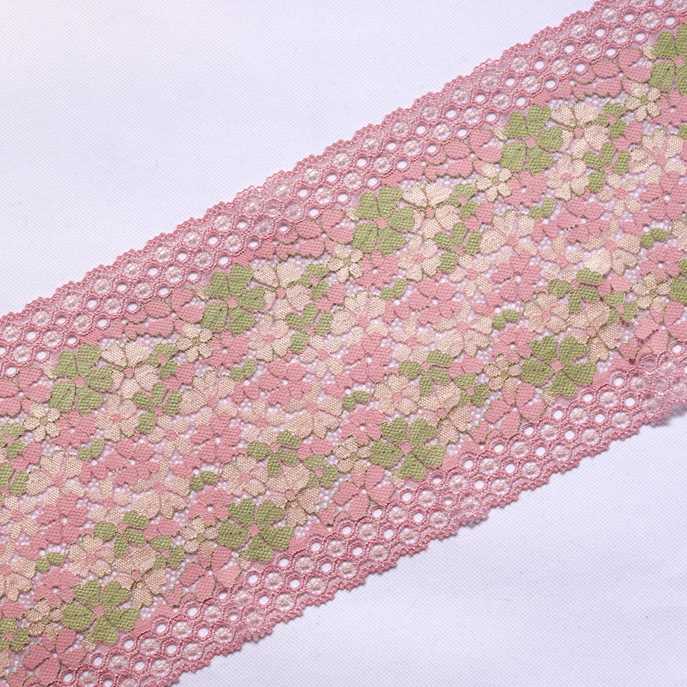 Эластичная кружевная отделка с розово-зеленой цветочной вышивкой 18 см в ширину
