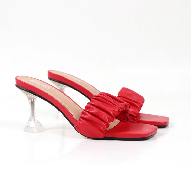 

European and beautiful shoes 2021 spring and summer one-line all-match outer wear square toe open-toe street high-heeled slipper