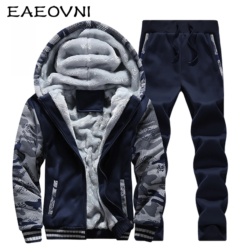 

EAEOVNI Mens Winter Jacket and Pant Tracksuit Men Fleece Lined Hooded Sweatshirt Outfit Print Warm Jackets Coats Thick Hoodie