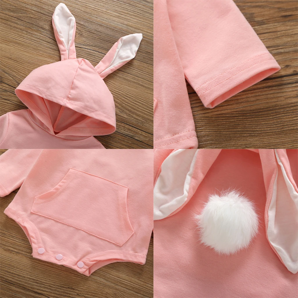 Easter Newborn Baby Kdis Girl Boy Long Sleeves Romper Solid Lovely Cartoon Rabbit Ear Hoodie Jumpsuit Outfits