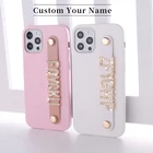Чехол для телефона из искусственной кожи с именем под заказ, чехол из воловьей кожи для iPhone 12, 11, 13Pro, Mini Max, XR, XS, 7, 8Plus, металлический чехол с алмазными буквами