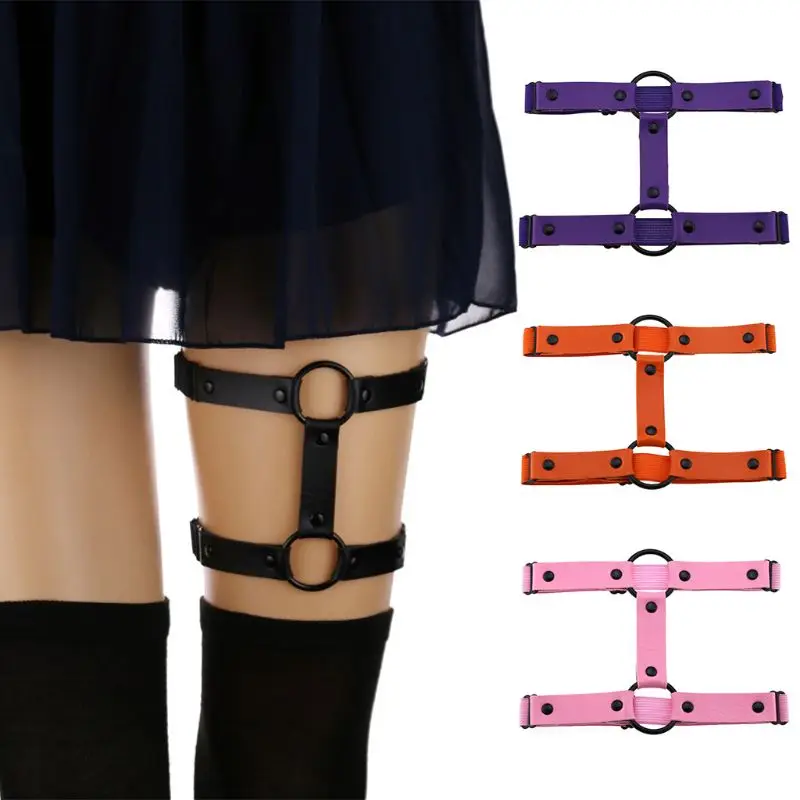 

Women Punk Harajuku Double Row Thigh Ring Street Nightclub Faux Leather Metal O-Ring Garter Belt Elastic Leg Harness