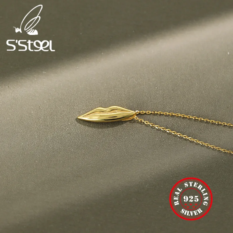 

S'STEEL 925 Sterling Silver Necklaces For Women Simple Lips Pendant Korean Choker Necklace Gold Chain Collar Minimalist Jewelry