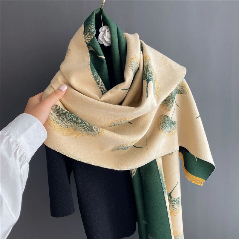 Женский шарф, кашемировый шарф с принтом листьев, двусторонняя кисточка, толстое теплое одеяло, Осень-зима, Пашмина, мягкая шаль, шарф