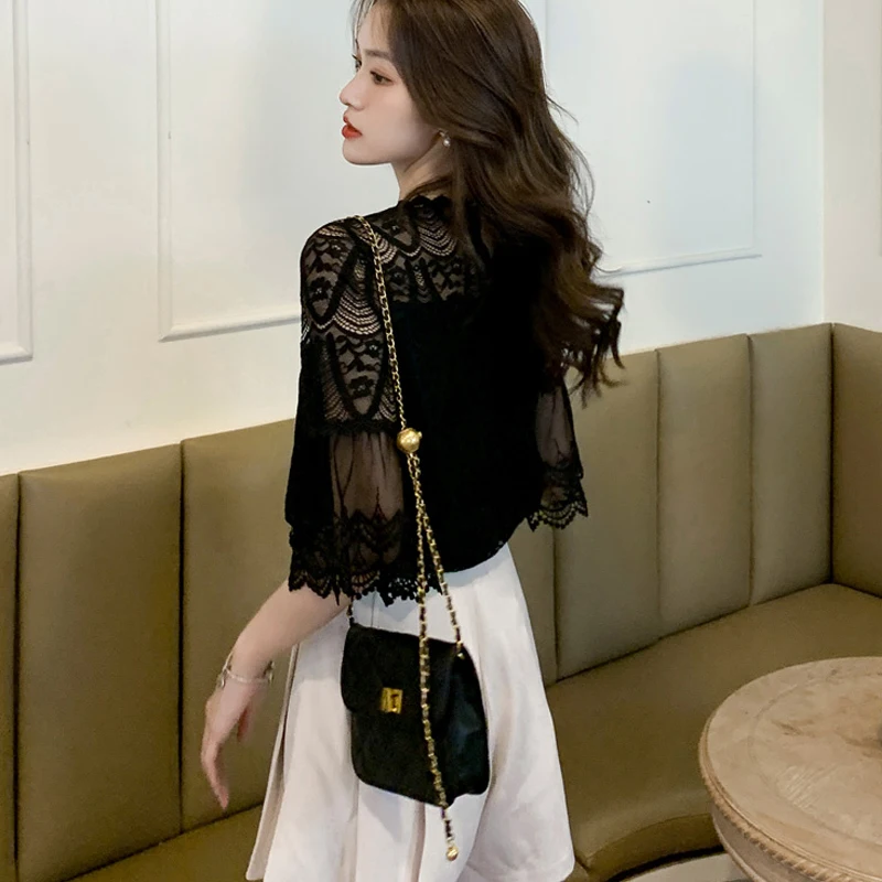 

Summer Fashion Women Blouse Crochet Hollow Lace Shirt Chiffon Top Blusas Mujer De Moda 2021 Verano