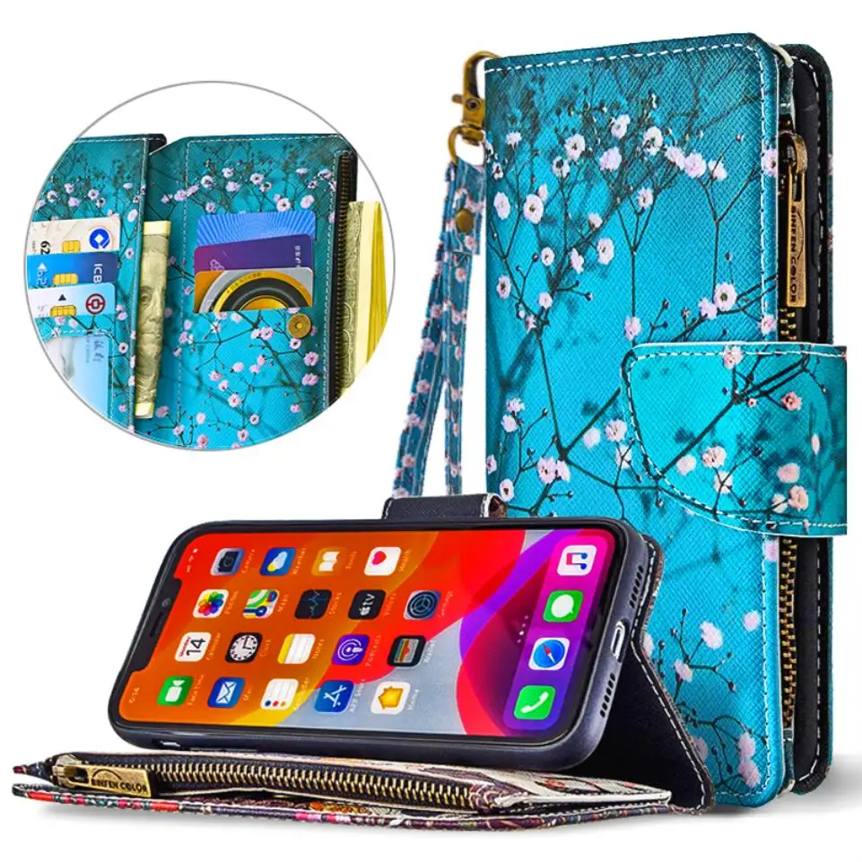 

For Huawei Honor 9X Pemium 8A Pro 9s 8s Fashion Pattern Painted Leather Case Lanyard Zipper Wallet Card Holder Flip Phone Cover