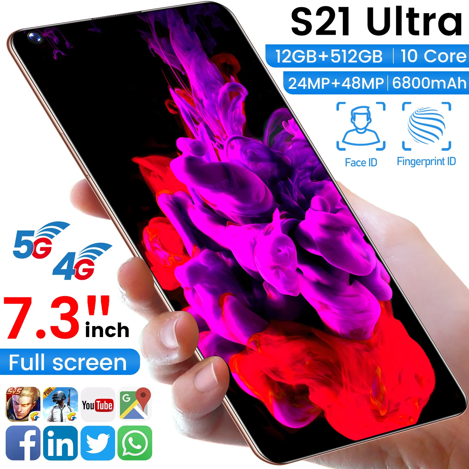 

Global Version S21Utra 7.3" Smartphones Full Screen 8G 256GB 24MP+48MP Unlocked Android10 Dual SIM Deca Core Mobile Phone