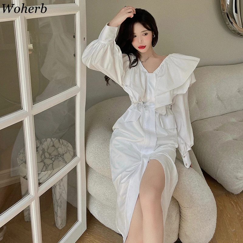 Woherb 2021 повседневное тонкое лоскутное платье с оборками и карманами Женские