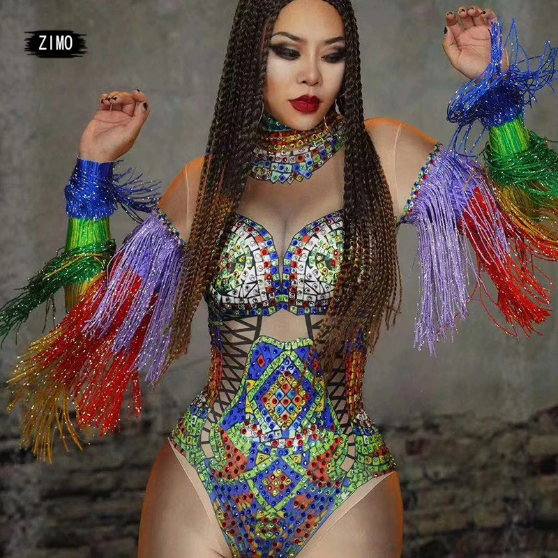 rhinestone Multi-color fringe one piece bodysuit women sexy crystals leotard dance costume tassel dj party wears festival outfit