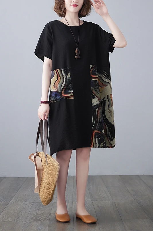 

COIGARSAM Patchwork Women dress New Summer Short Sleeve Loose Dresses Blue Black 8263