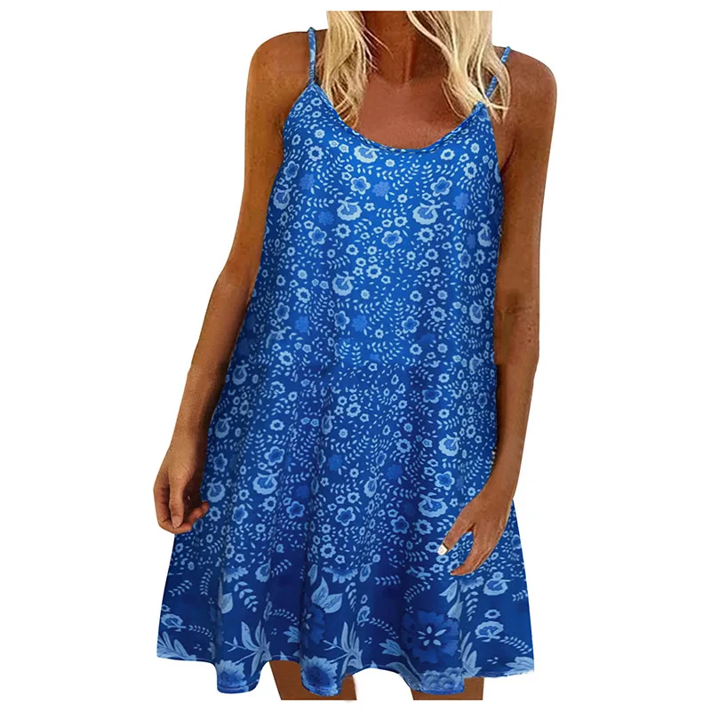 

New 2021 Fashion Summer Women Dress Print Loose Sexy Street Spaghetti Strap Sleeveless Dresses Beach Boho Y2k Female Vestidos