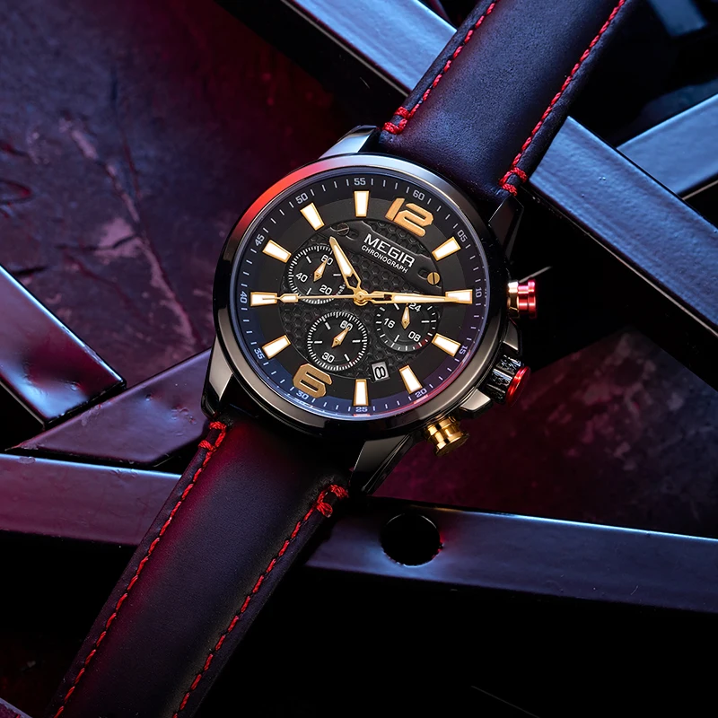 Часы MEGIR мужские спортивные кварцевые водонепроницаемые с кожаным