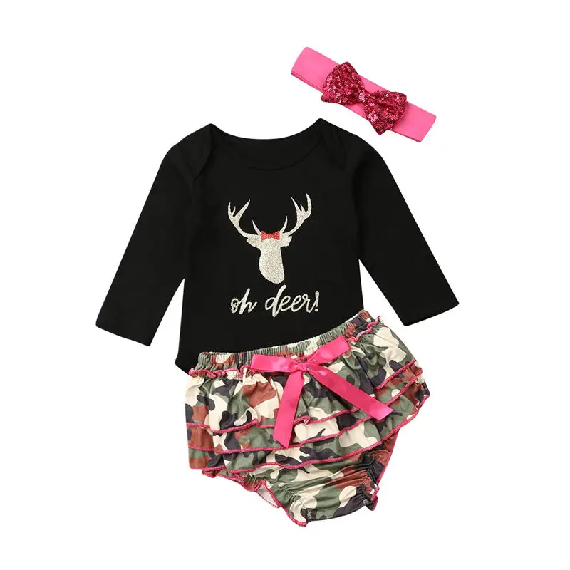 

2019 Christmas Newborn Kids Outfit Infant Baby Girls Clothes Set Long Sleeve Bodysuit+Camo Shorts+Headband 3pcs Toddler Costume