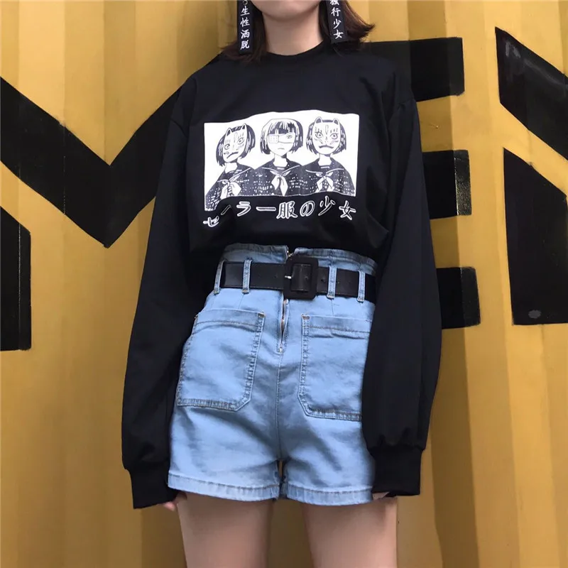 Kpop японский стиль аниме печати Harajuku Толстовка для женщин 3 девушка черный повседневный Готический толстовки Kpop Overszie Толстовка шикарный стиль