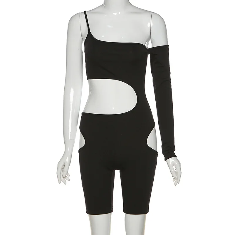 

ZKYZWX Sexy Black Hollow Out Rompers Womens Jumpsuit Biker Shorts 2020 Summer Clother Club Outfit One Shoulder Bodycon Palysuits