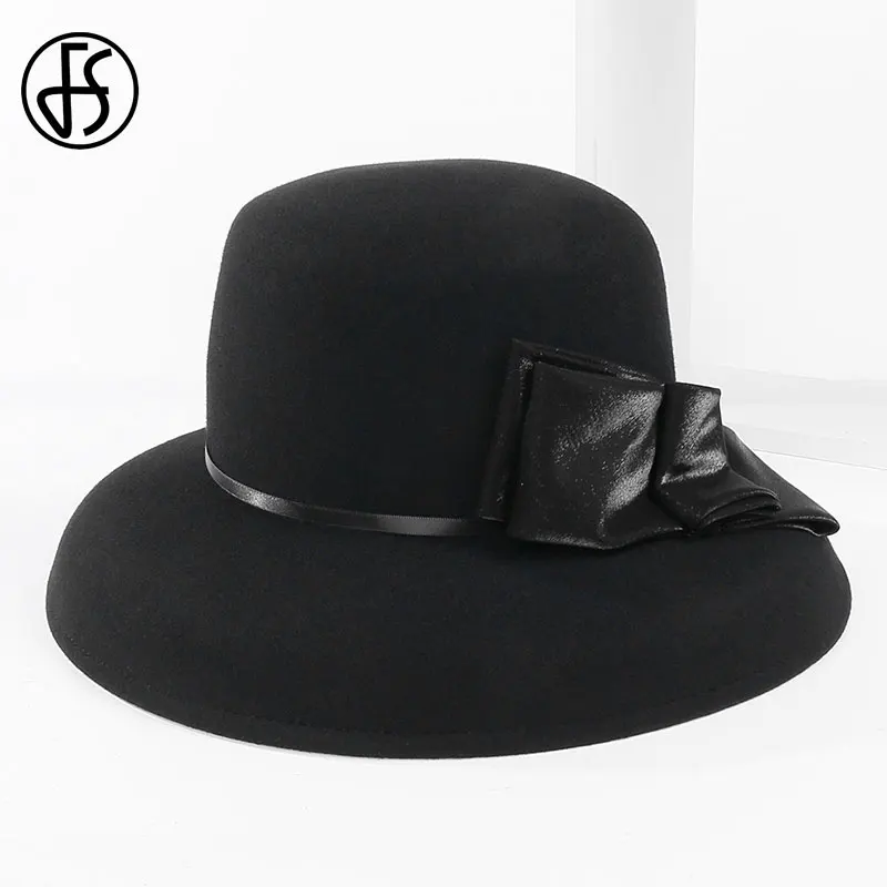 FS черная шляпа с широкими полями для женщин модная британская шерстяная фетровая