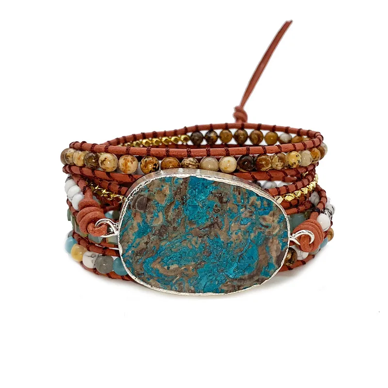 

Multi collocation Fashion Leather Boho Armbander Green Mixed Natural Stones Charm 5 Strands Beaded Wrap Bracelets