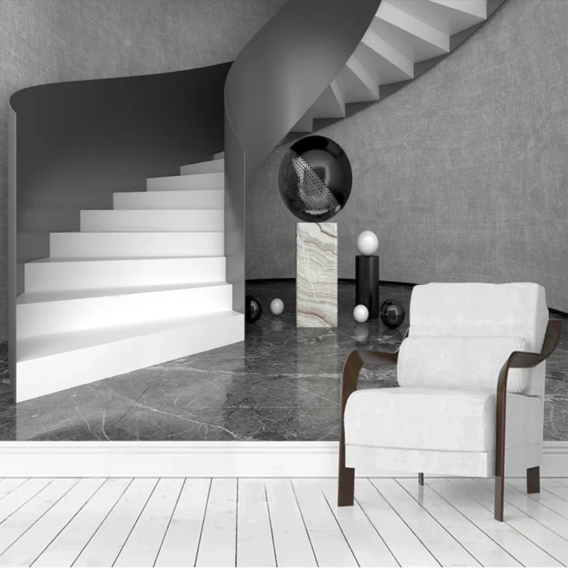 Пользовательские фотообои 3D стерео спиральная лестница расширение пространства Серый Белый обои гостиная телевизор диван фон Декор стены
