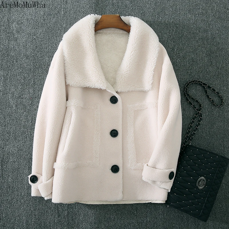 Новое зимнее меховое пальто AreMoMuWha из овечьей шерсти Дамское Свободное с