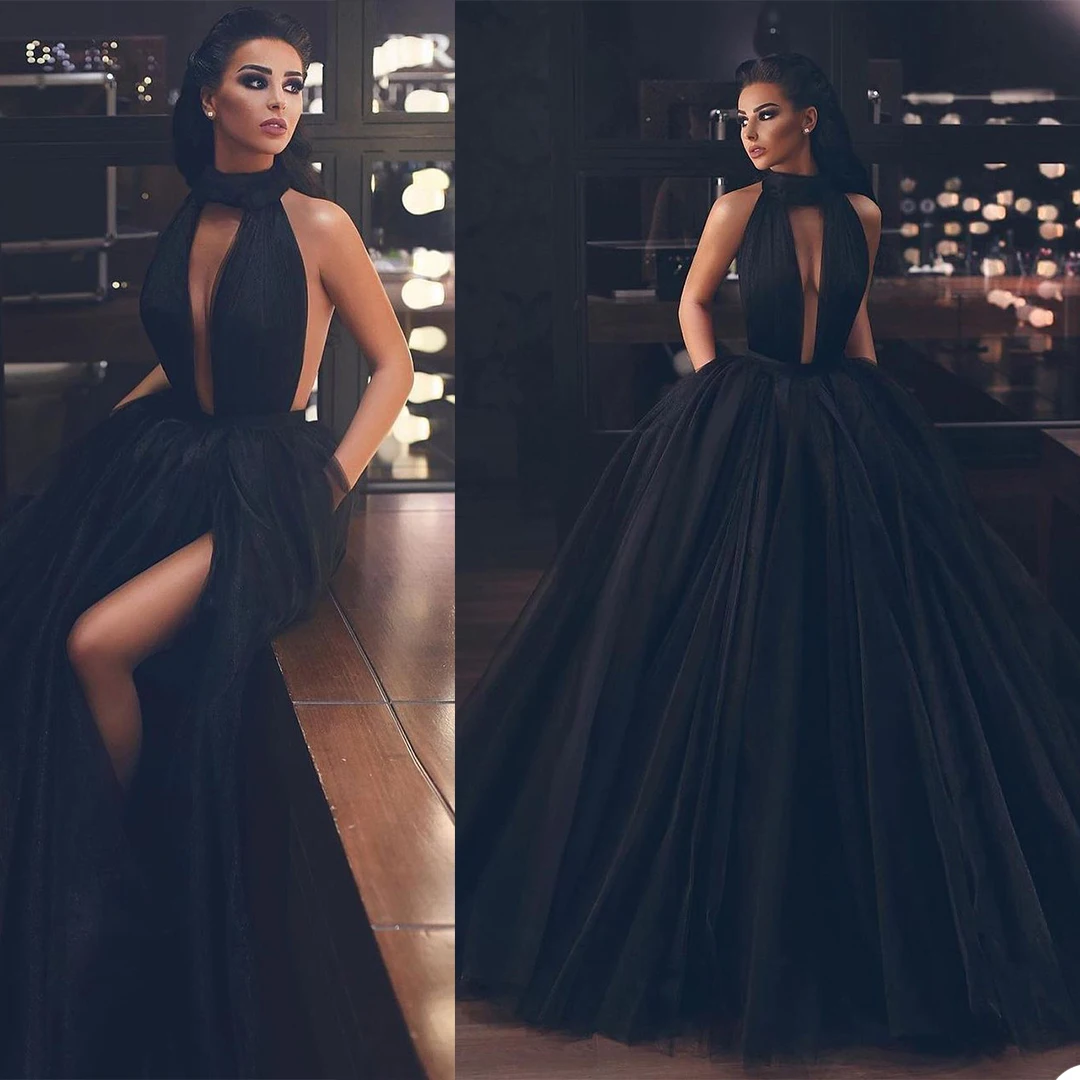 

Black Quinceanera Dresses Ball Gown Sexy Halter Neck Backless Tulle Plus Size Formal Party Prom Evening Dress