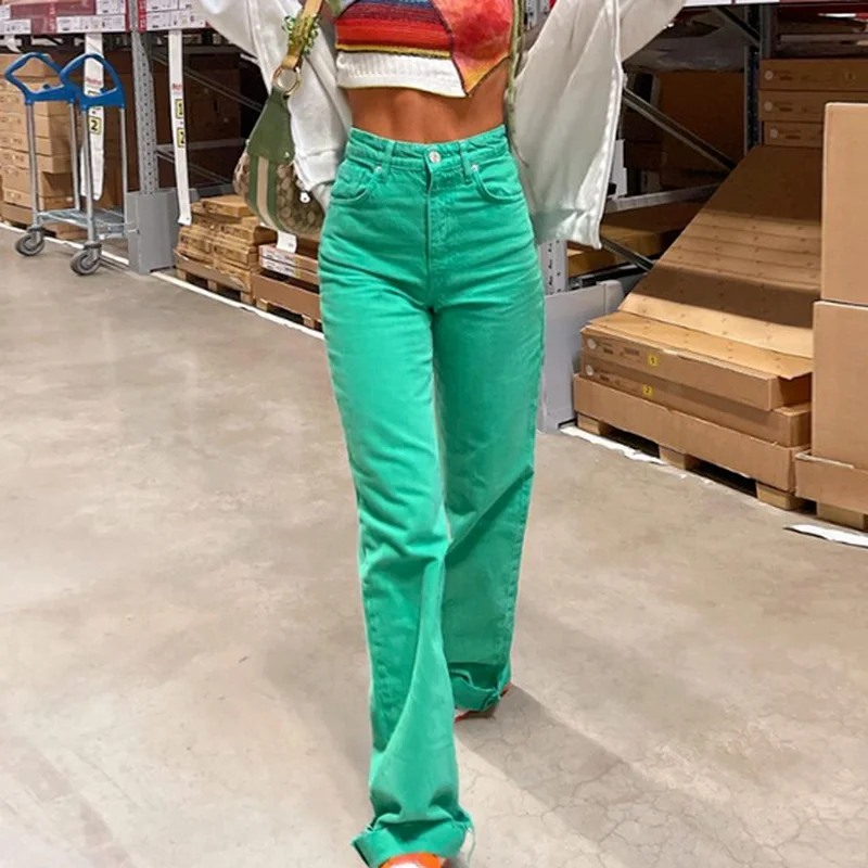 

Bornsra 2021 Summer Trend Women's New High-waist Straight-leg Slim-fit Wide-leg Casual Jean Full Length Women Green Jeans