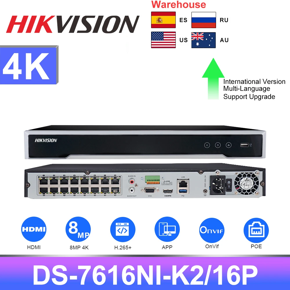 

Hikvision NVR 4K 8CH DS-7608NI-K2/8P 16CH DS-7616NI-K2/16P PoE Network Video Recorder CCTV Security Surveillance System P2P APP
